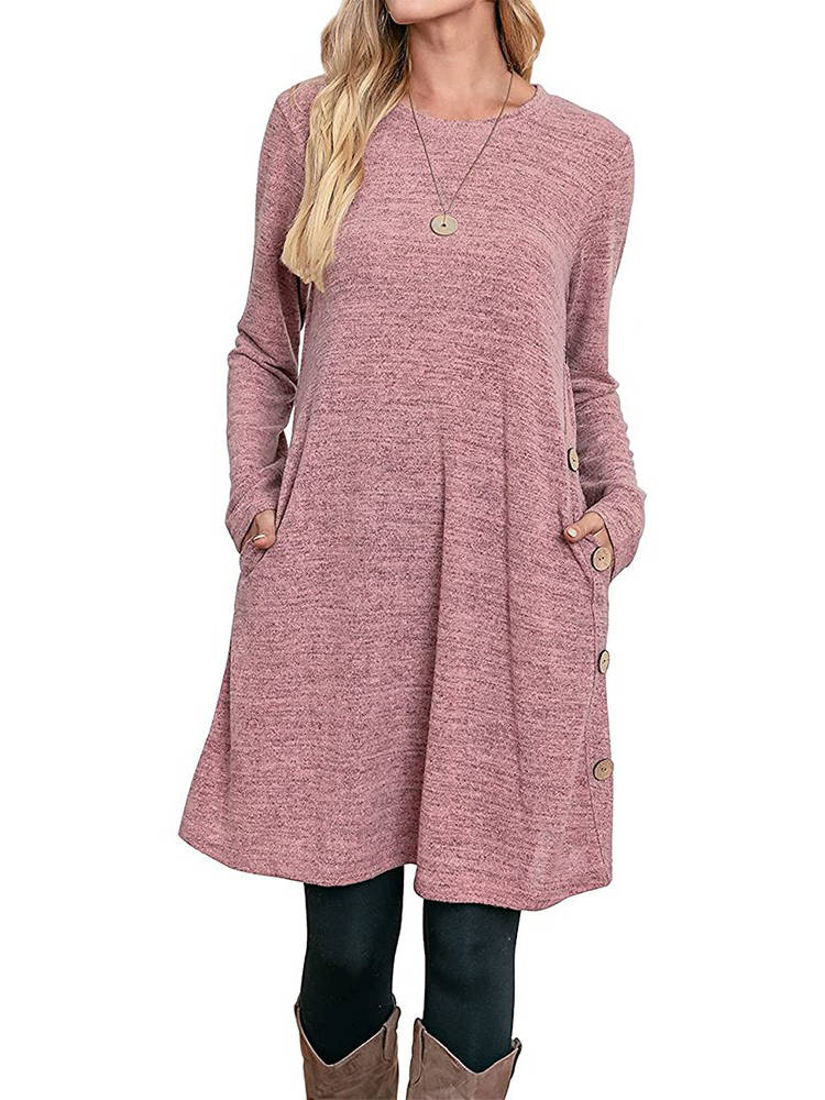 Womens Fall Dress, Crew Neck Long Sleeve Dress, Casual Midi Dress with Pockets