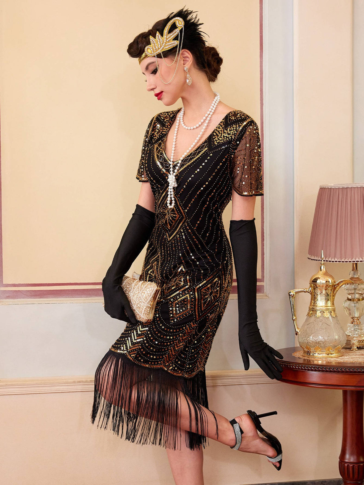 Womens Flapper 1920s Dress, Great Gatsby Roaring 20s Costume, Beaded Sheer Sleeves with Accessories