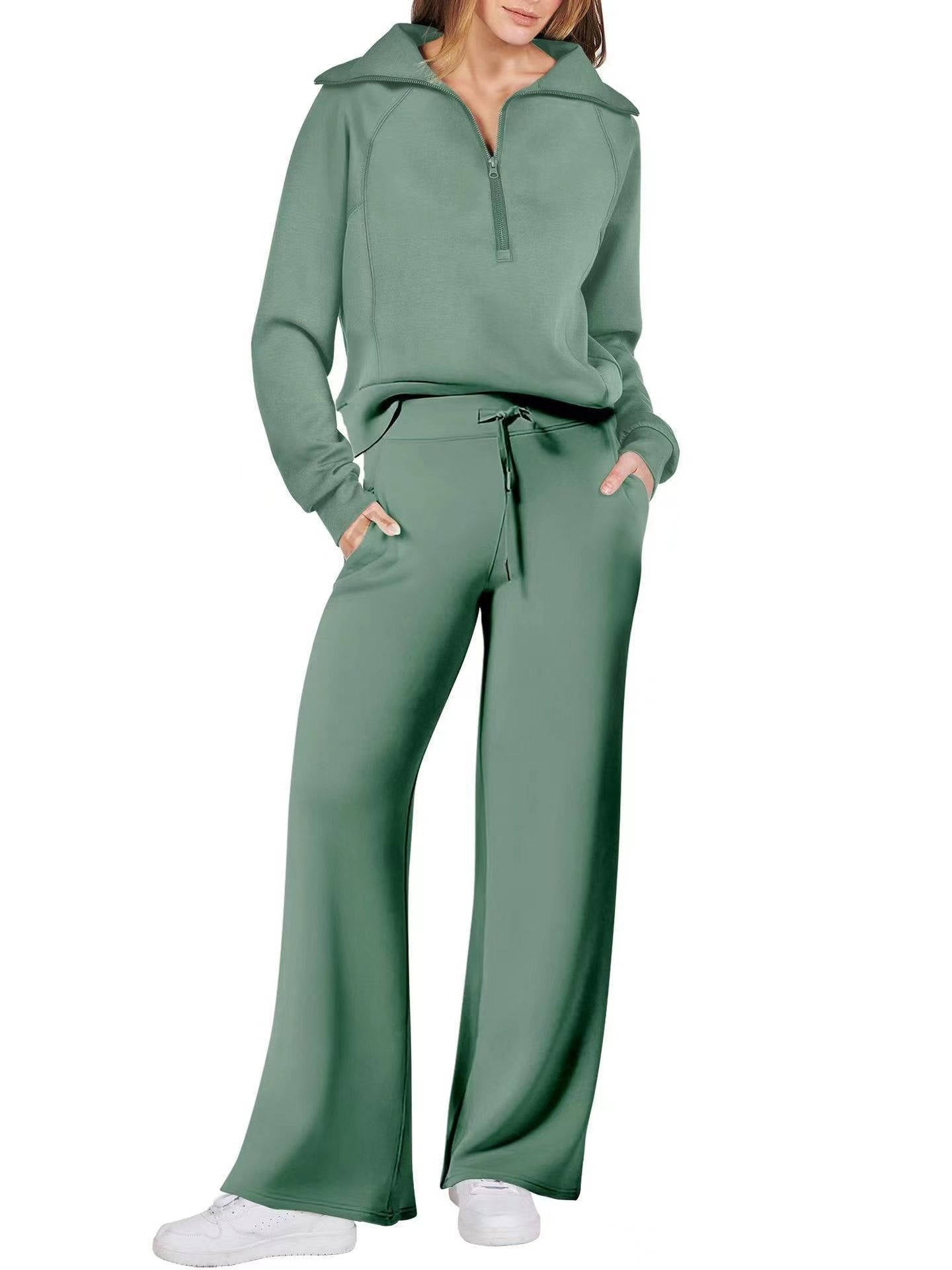 Women's 2 Piece Outfits, Casual Lapel Half Zip Sweatshirt and Wide Leg Pants Tracksuit Set