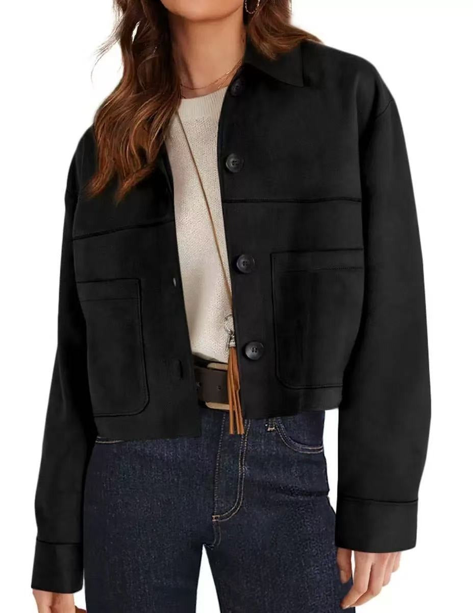 Womens Faux Suede Cropped Jacket, Lightweight Button Down Collared Shacket with Patch Pockets