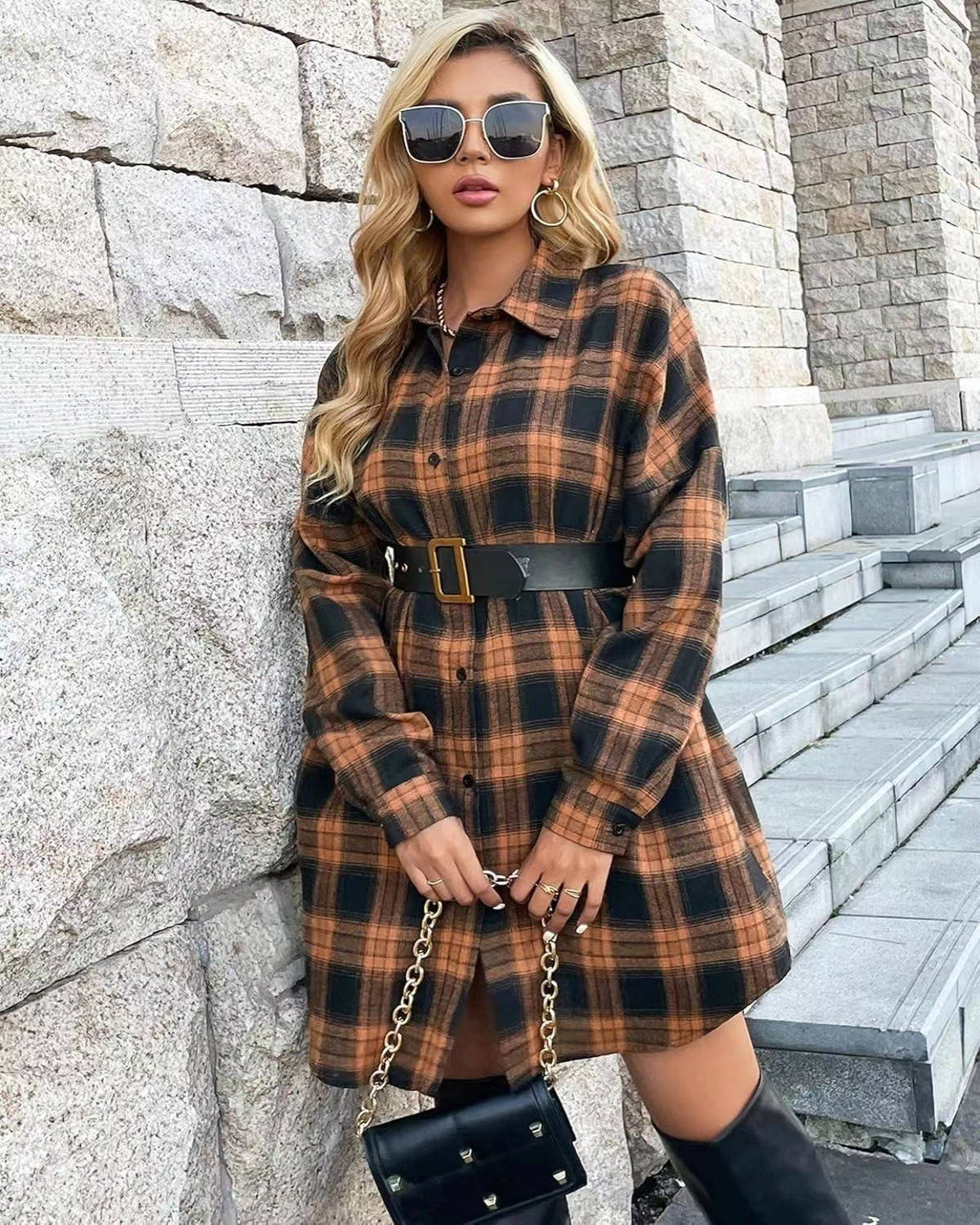 Womens Flannel Dress, Long Sleeve Button Down Shirt, Casual Fall Jacket Top