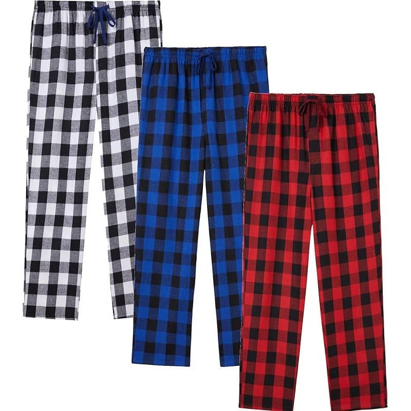 3 Pack Men's Pajama Pants, Lightweight Cotton Plaid Lounge Pants, Pockets and Button Fly