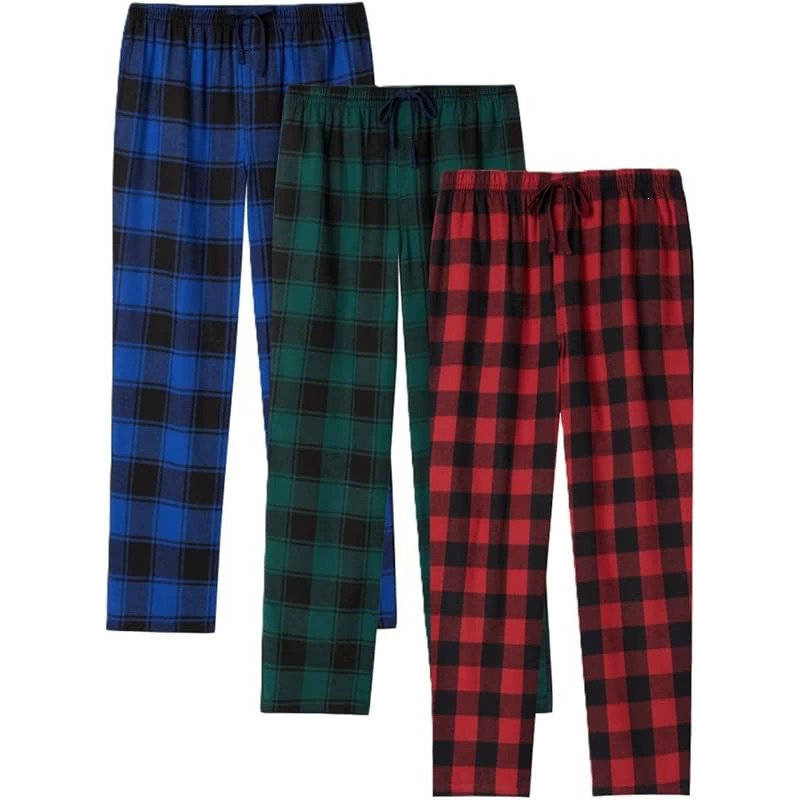 3 Pack Men's Pajama Pants, Lightweight Cotton Plaid Lounge Pants, Pockets and Button Fly