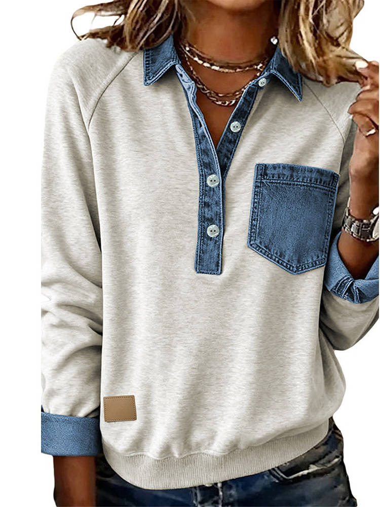 Womens Denim Collar Sweatshirt, Patchwork Half Button Pullover with Chest Pocket, Long Sleeve Loose Fit Casual Top for Fall