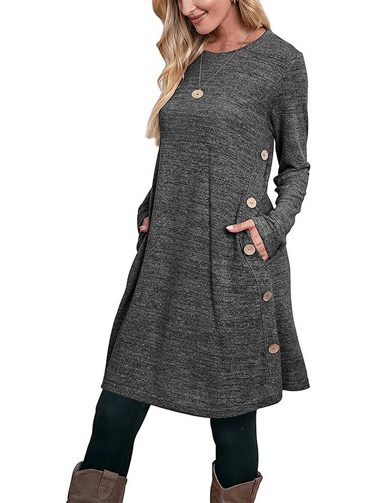 Womens Fall Dress, Crew Neck Long Sleeve Dress, Casual Midi Dress with Pockets