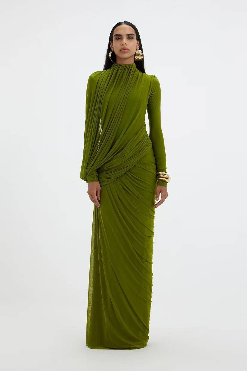 Womens High Neck Maxi Dress, Long Sleeve Draped Wedding Guest Dress, Elegant Formal Evening Dress