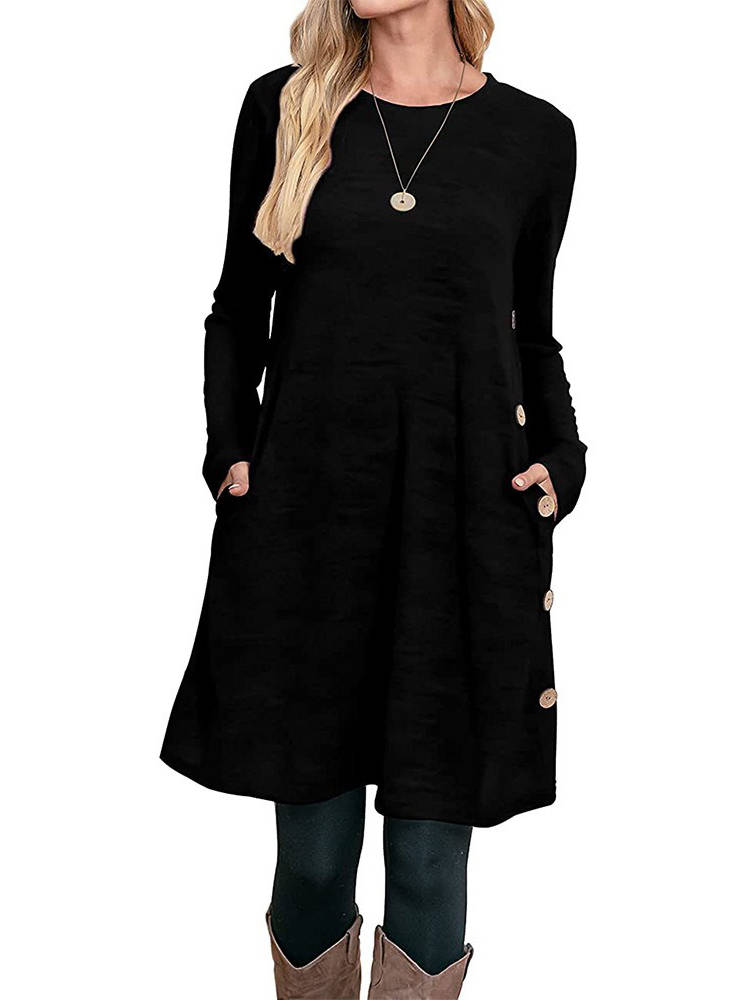 Womens Fall Dress, Crew Neck Long Sleeve Dress, Casual Midi Dress with Pockets