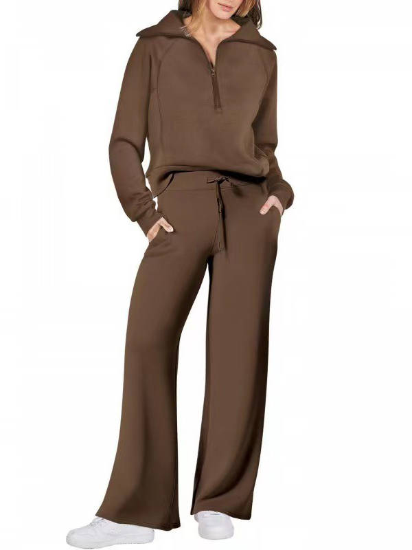 Women's 2 Piece Outfits, Casual Lapel Half Zip Sweatshirt and Wide Leg Pants Tracksuit Set
