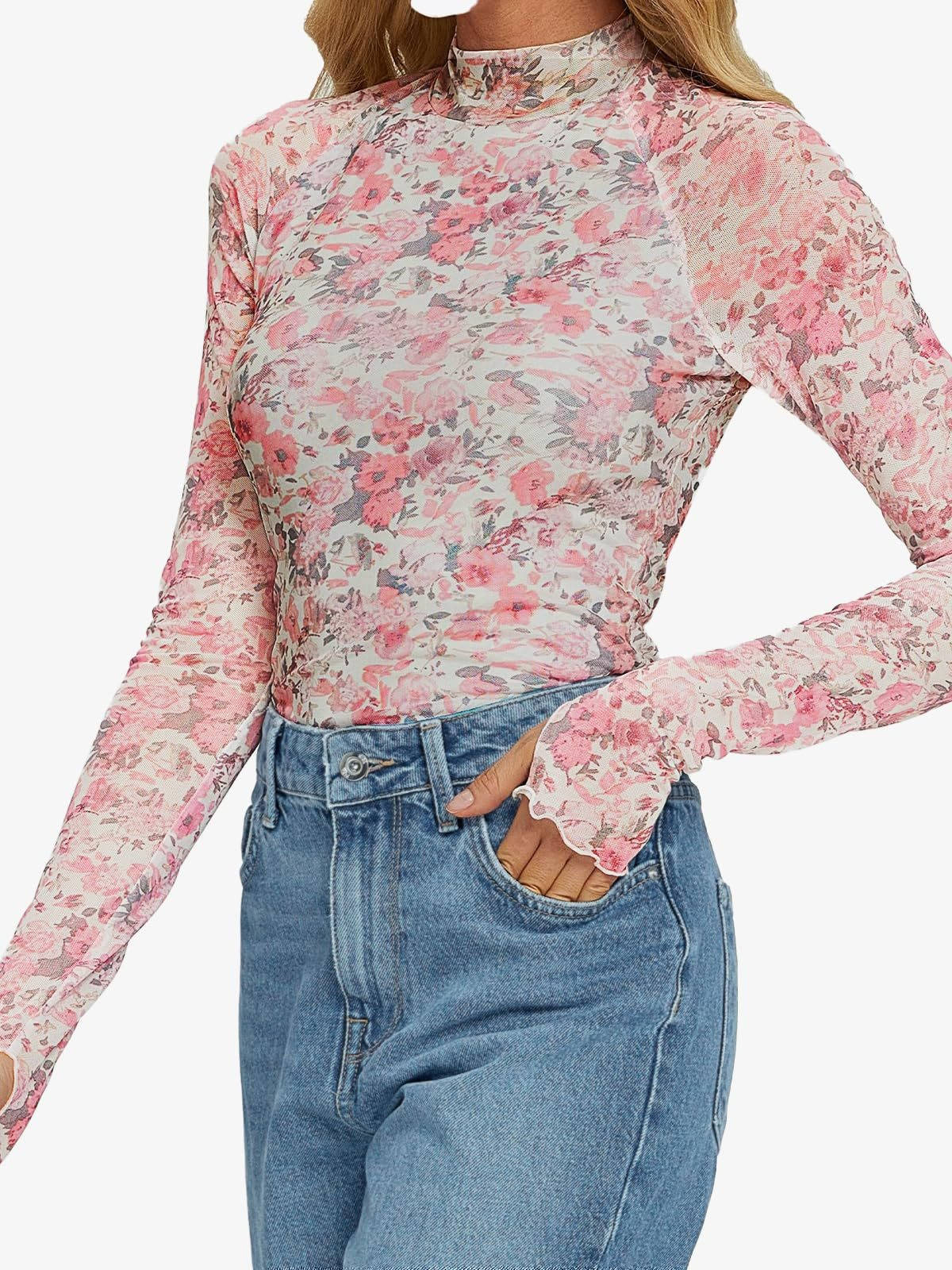 Women's Lace Sheer Floral Mesh Tops, Slim Fitted Lightweight Going Out Top, Fashion Fall Outfits with Thumb Holes