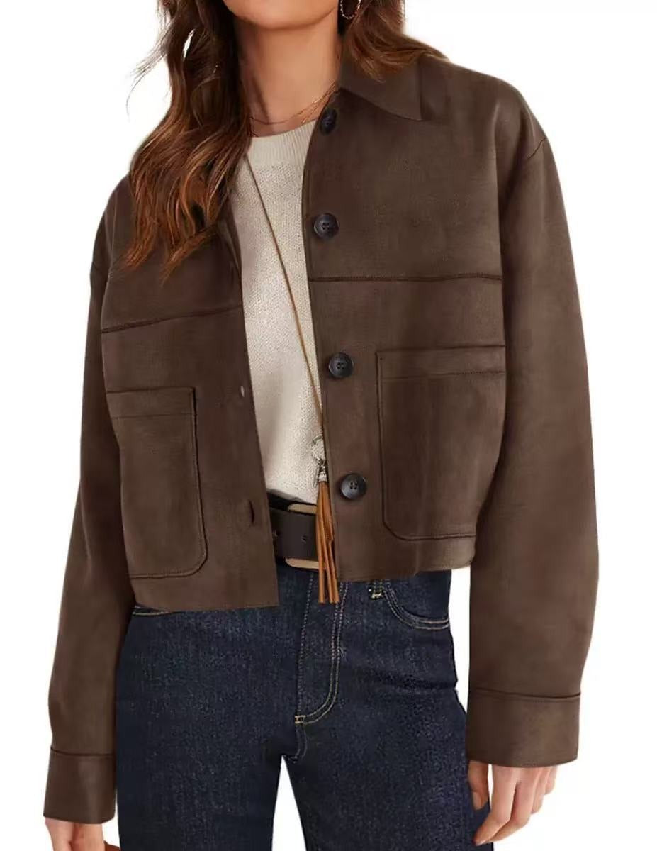 Womens Faux Suede Cropped Jacket, Lightweight Button Down Collared Shacket with Patch Pockets