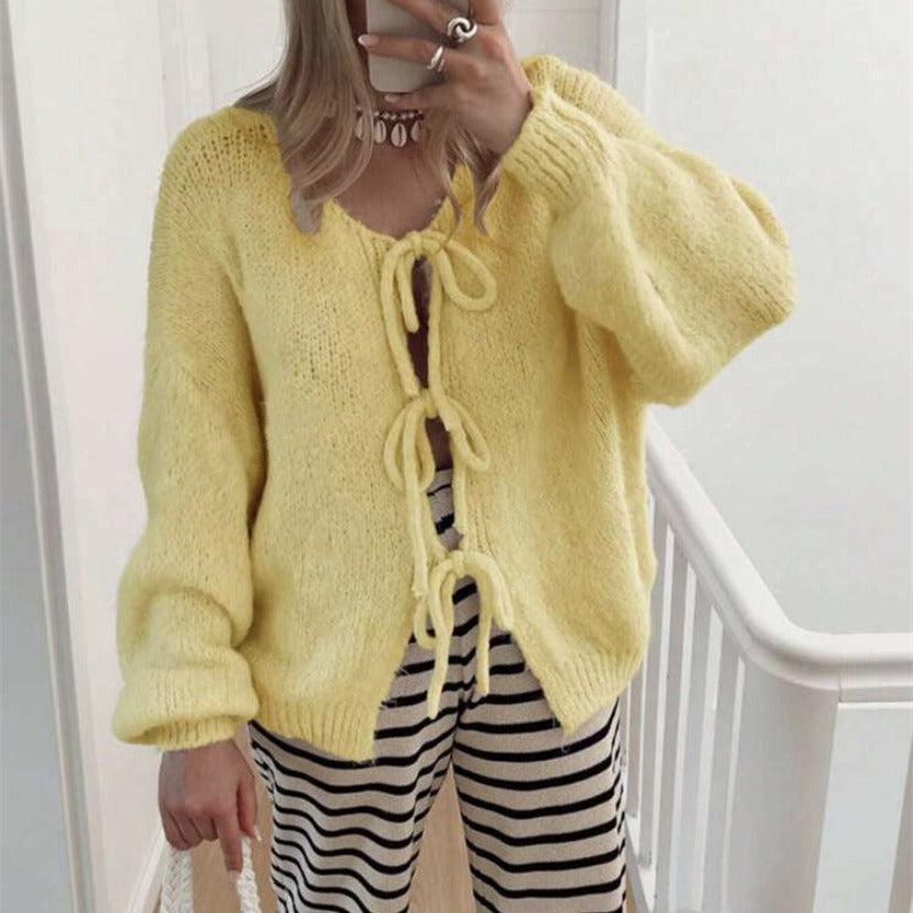 Womens Tie Front Bow Cardigan Sweater, Cozy Chunky Knit Long Puff Sleeve Open Front Sweater Jacket