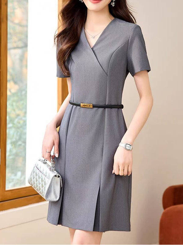 Women's A Line Work Dress, Short Sleeve V Neck Sheath Dress, Professional Business Casual Career Outfit