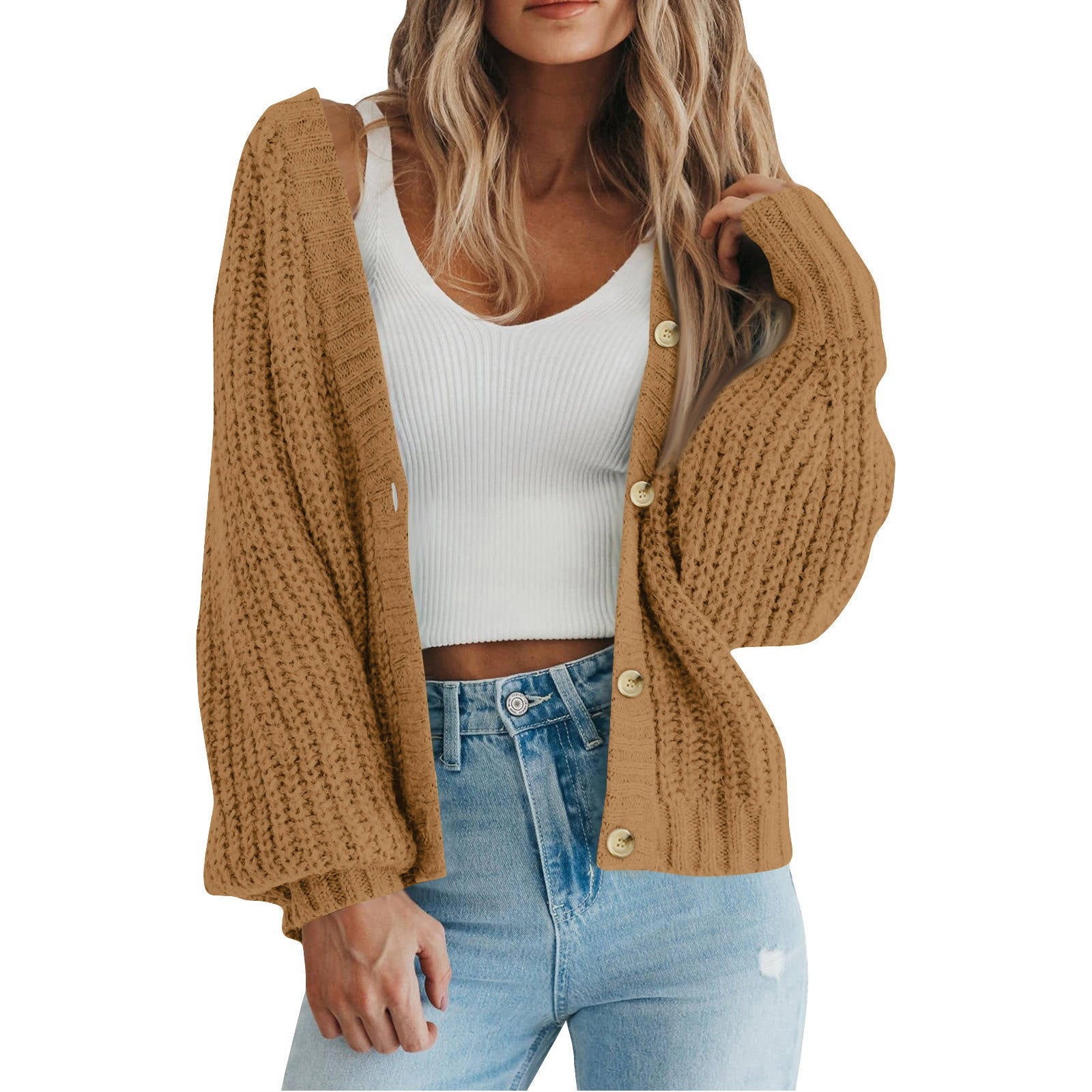 Women's Chunky Knit Open Front Sweater, Long Sleeve Button Loose Short Cardigan Outerwear Coat
