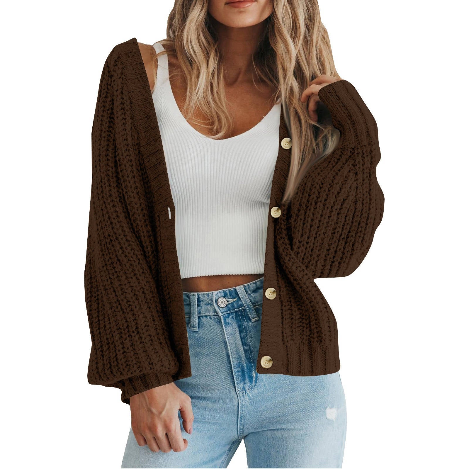 Women's Chunky Knit Open Front Sweater, Long Sleeve Button Loose Short Cardigan Outerwear Coat
