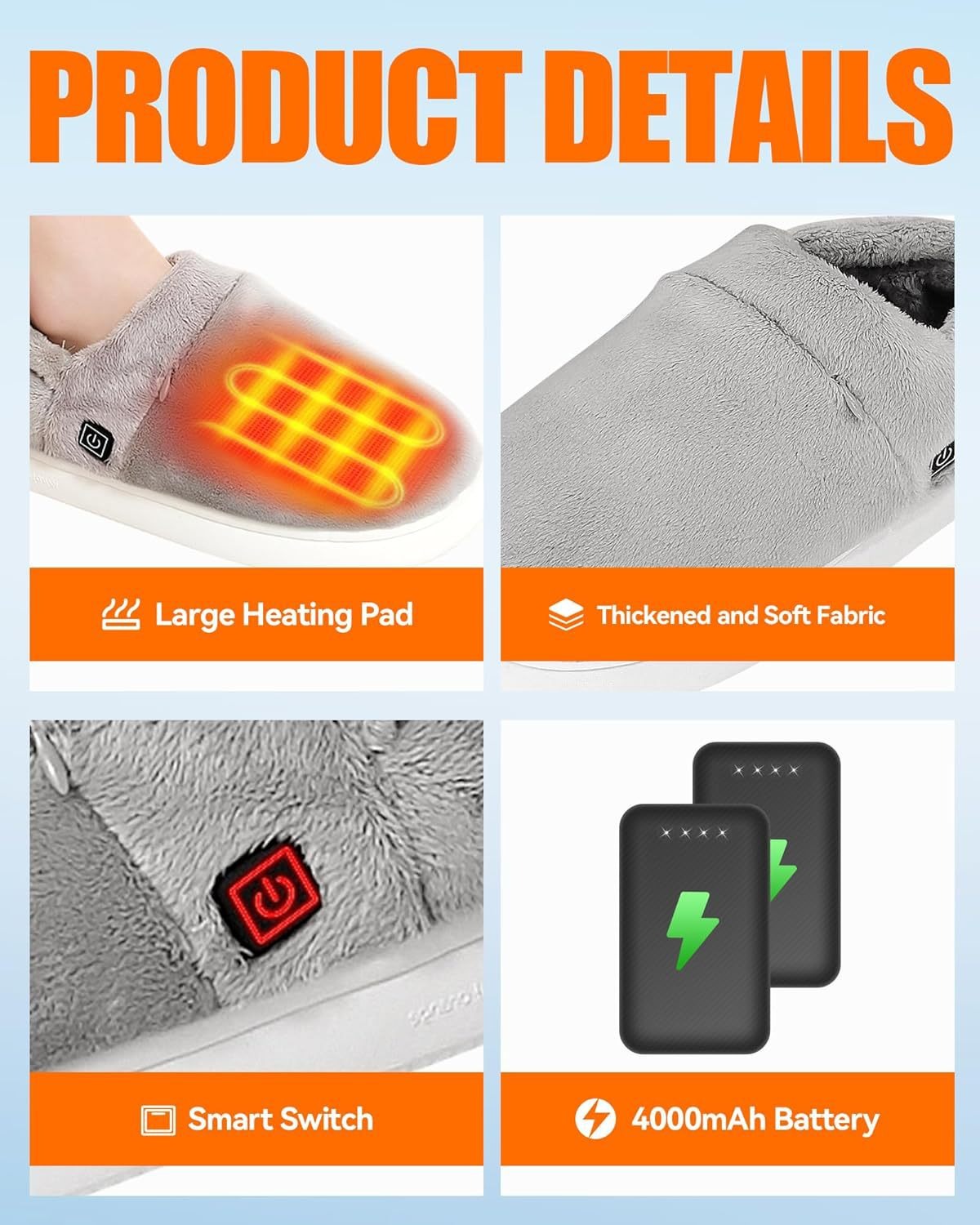 Heated Slippers for Men & Women, Electric Foot Warmer with Rechargeable 4000mAh Battery Pack