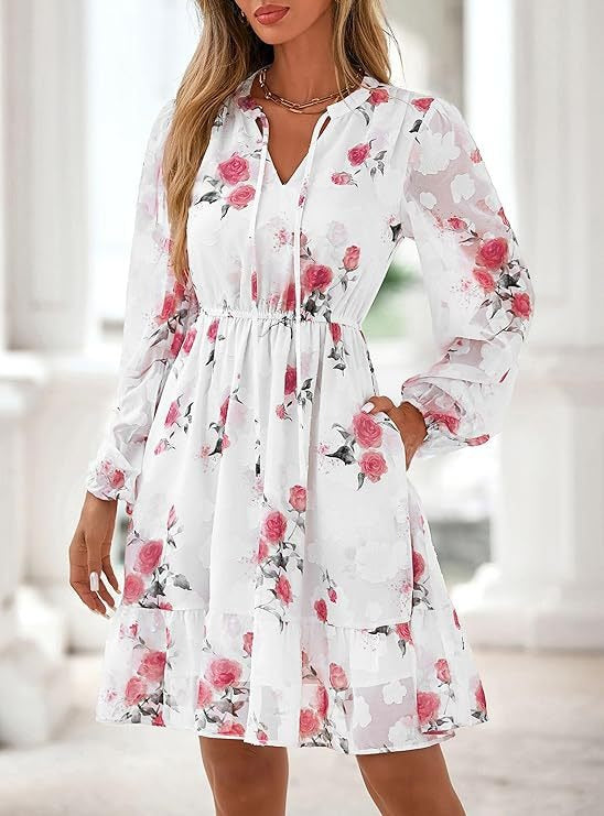 Women's Fall Boho Dresses, 2026 Floral Long Sleeve V Neck Mini Flowy Wedding Guest Dress, Trendy Vacation Outfit