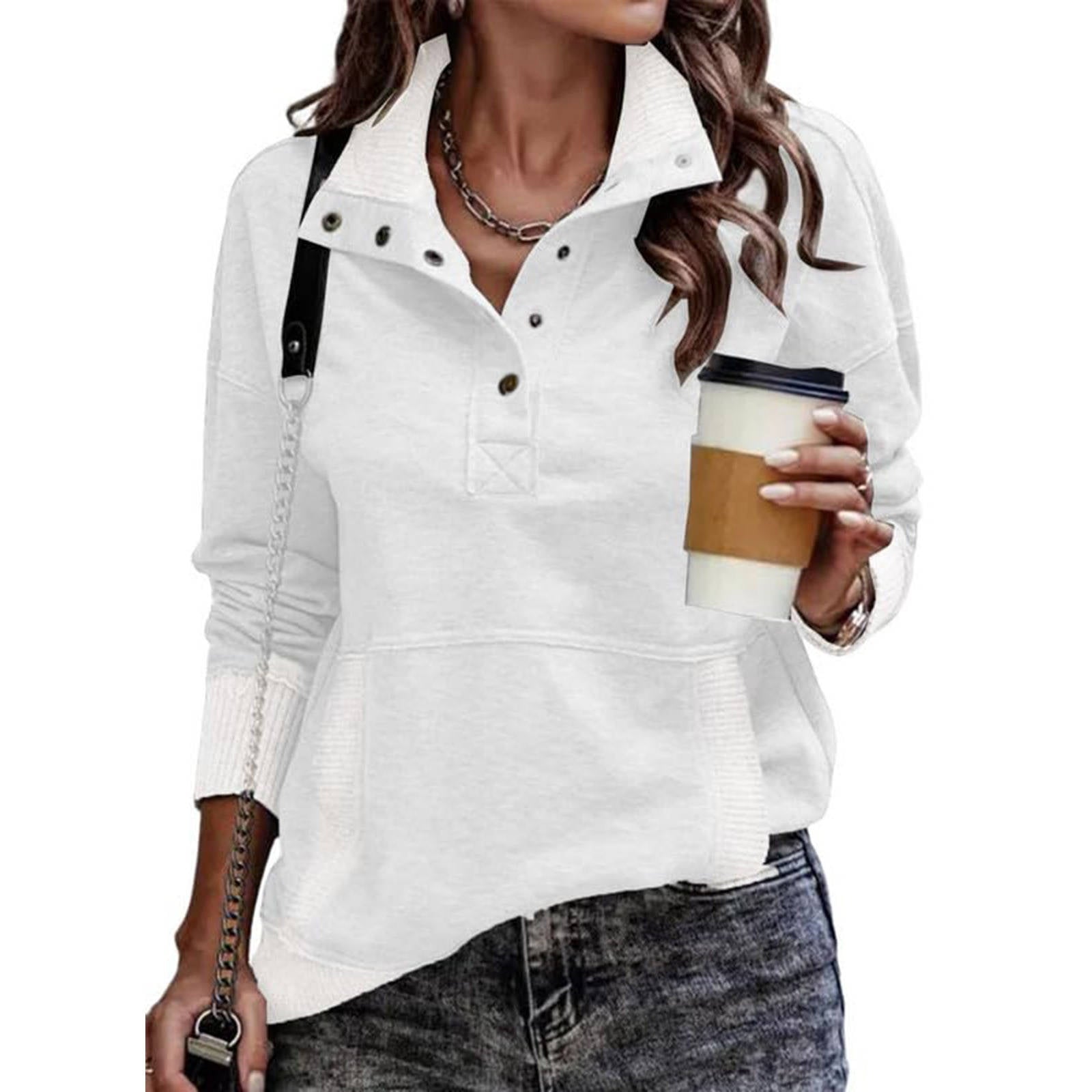 Women's Casual Long Sleeve Stand Neck Sweatshirt, Lightweight Button Drawstring Pullover Top, V Neck Plus Size Clothes 2026