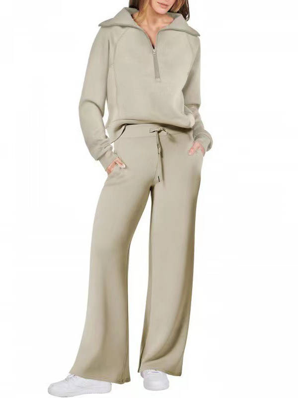 Women's 2 Piece Outfits, Casual Lapel Half Zip Sweatshirt and Wide Leg Pants Tracksuit Set