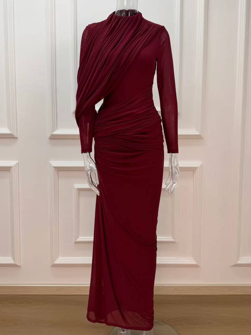Womens High Neck Maxi Dress, Long Sleeve Draped Wedding Guest Dress, Elegant Formal Evening Dress
