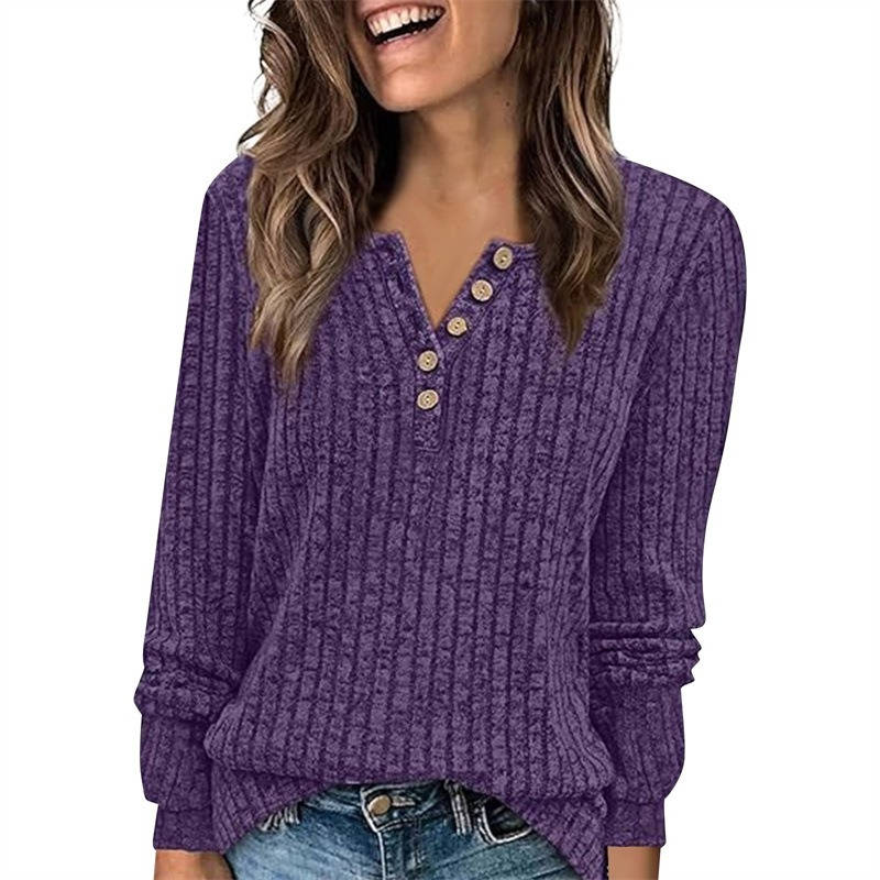 Ribbed Long Sleeve Henley Shirts for Women, Soft Lightweight Sweater, Loose Fit Office Work Casual Daily Wear Tunic, Fall Winter Outfit