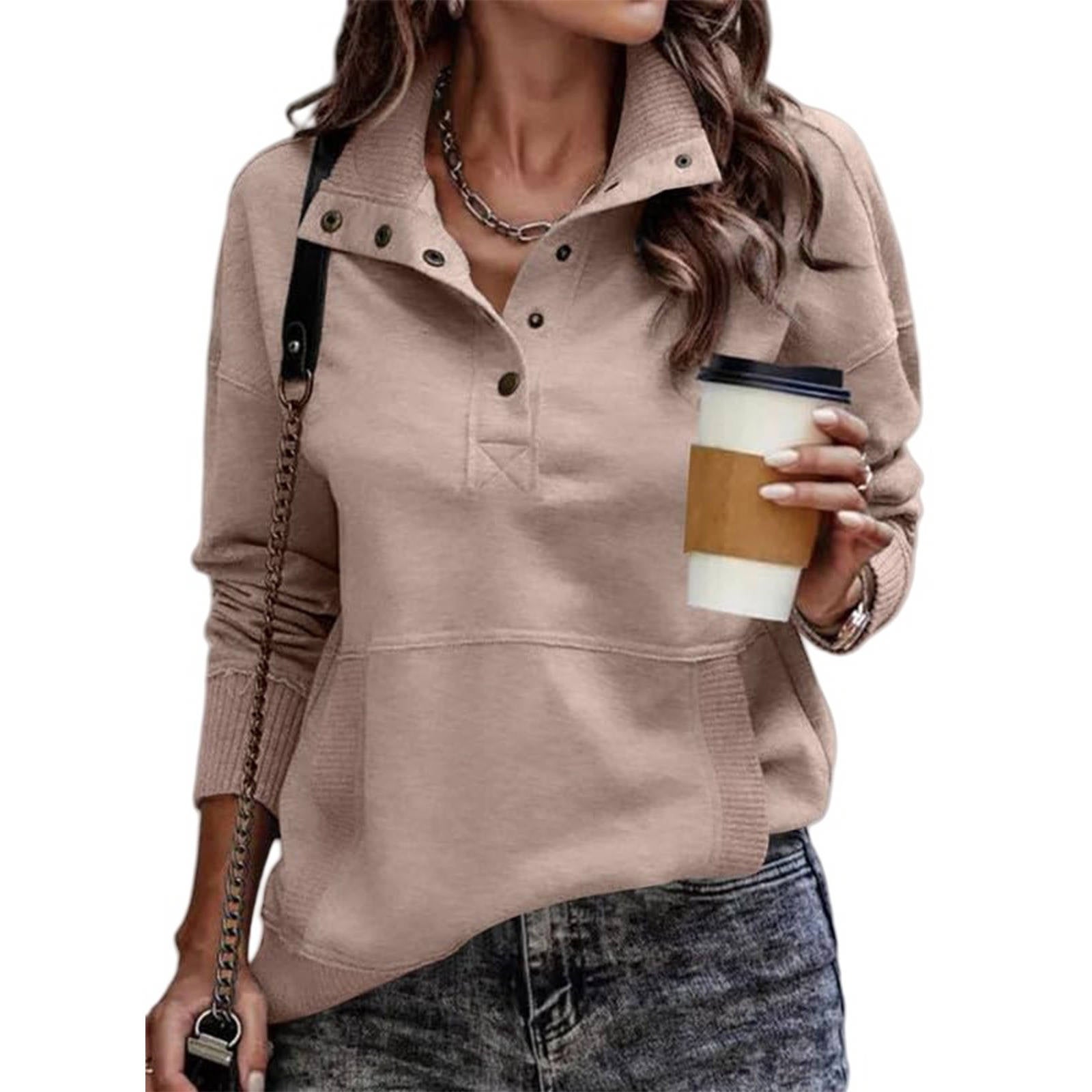 Women's Casual Long Sleeve Stand Neck Sweatshirt, Lightweight Button Drawstring Pullover Top, V Neck Plus Size Clothes 2026