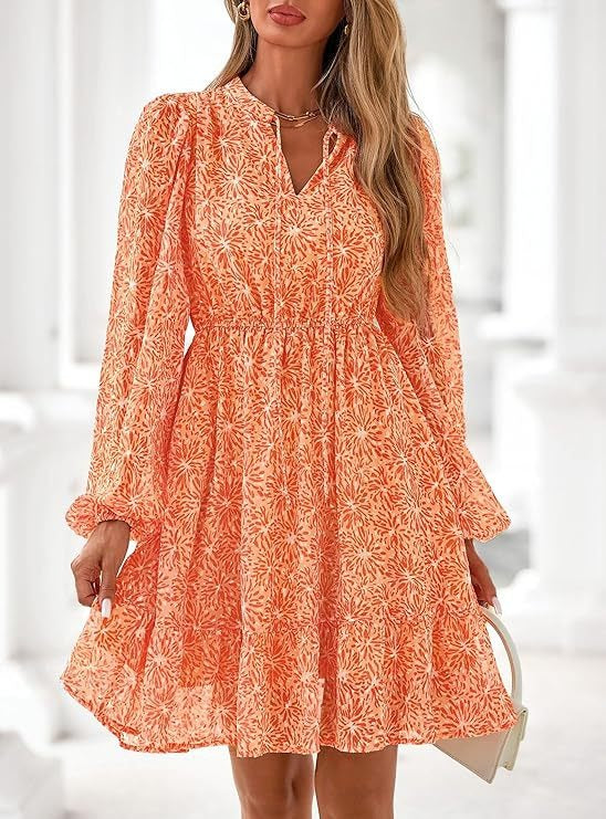 Women's Fall Boho Dresses, 2026 Floral Long Sleeve V Neck Mini Flowy Wedding Guest Dress, Trendy Vacation Outfit