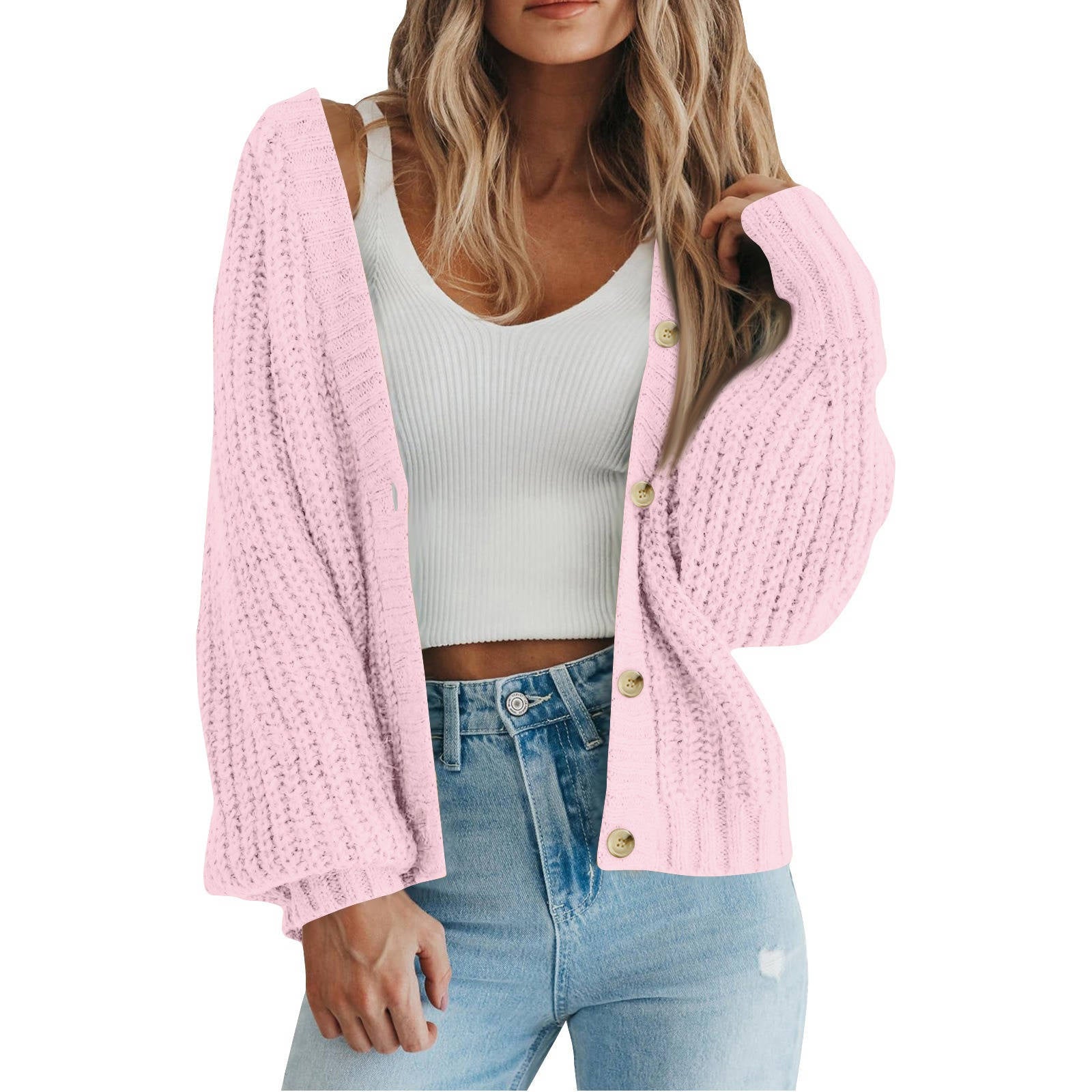 Women's Chunky Knit Open Front Sweater, Long Sleeve Button Loose Short Cardigan Outerwear Coat