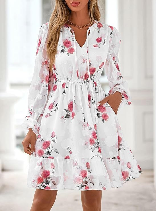 Women's Fall Boho Dresses, 2026 Floral Long Sleeve V Neck Mini Flowy Wedding Guest Dress, Trendy Vacation Outfit