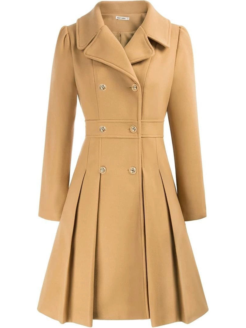 Womens Double Breasted Trench Coat, Thick A Line Peacoat, Notch Lapel with Pockets