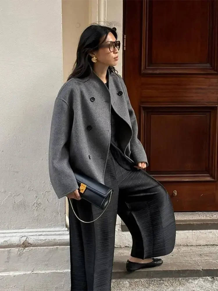 Cropped Wool Blend Peacoat with Double Breasted Closure and Stand Collar
