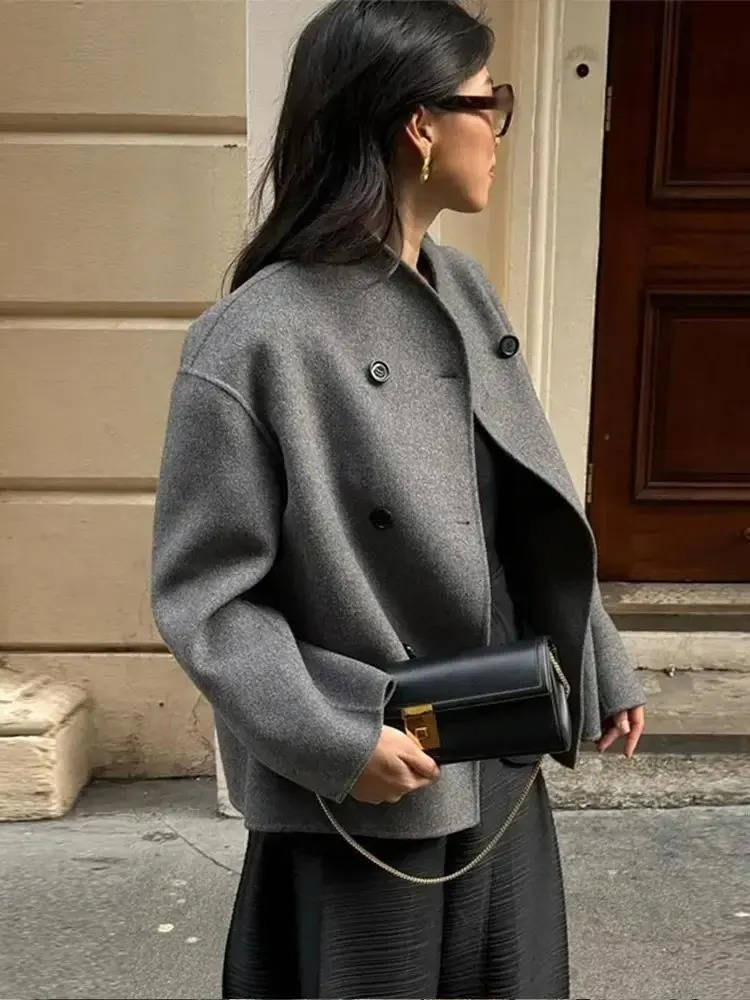 Cropped Wool Blend Peacoat with Double Breasted Closure and Stand Collar