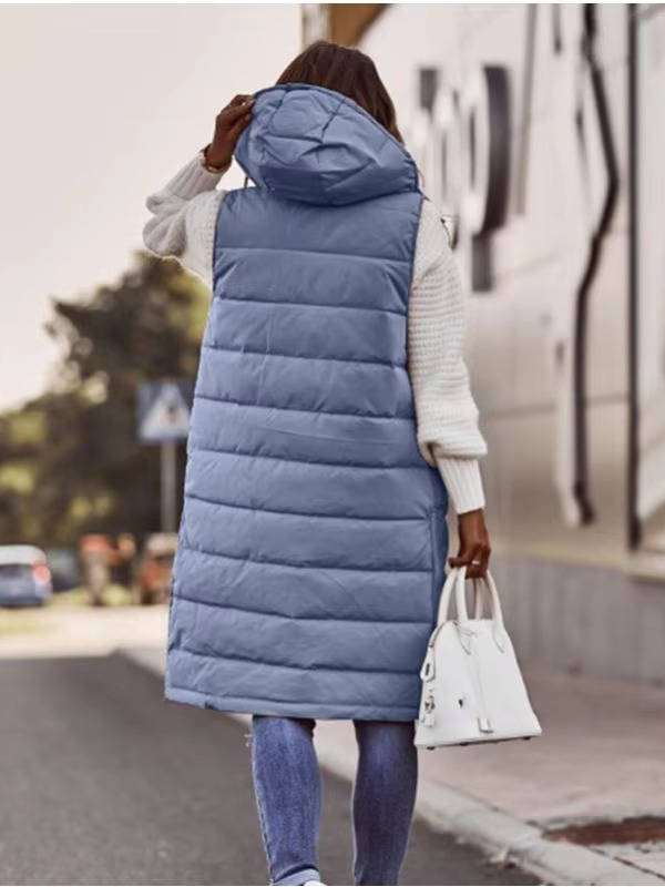 Women's Knee Length Puffer Vest, Hooded Quilted Zip Up Long Vest, Warm Winter Outerwear