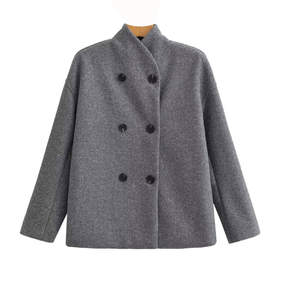 Cropped Wool Blend Peacoat with Double Breasted Closure and Stand Collar