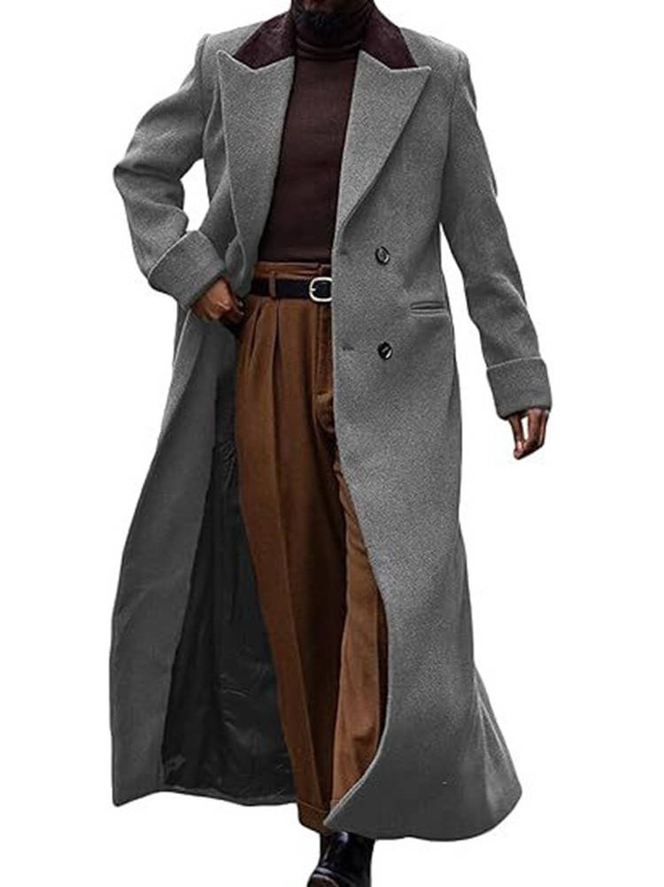 Mens Long Trench Coat, Full Length Double Breasted Overcoat, Classic Winter Coat