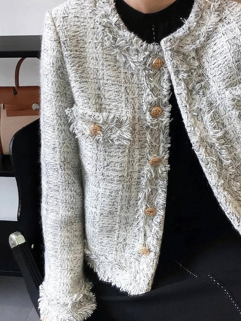 Womens Tweed Jacket, Classic Textured Blazer, Elegant Casual Outerwear