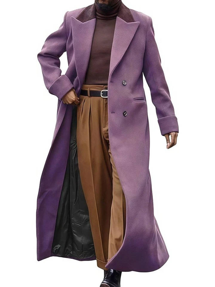 Mens Long Trench Coat, Full Length Double Breasted Overcoat, Classic Winter Coat