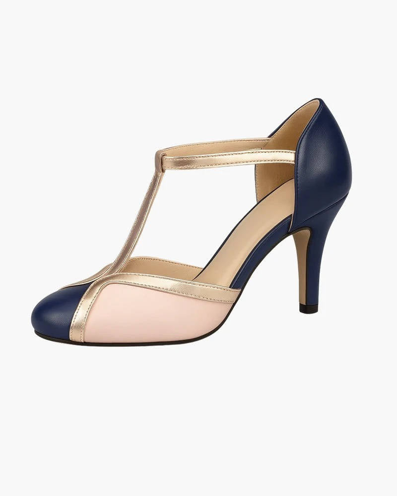 T Strap Heels with Padded Footbed and Ankle Strap, Square Heel