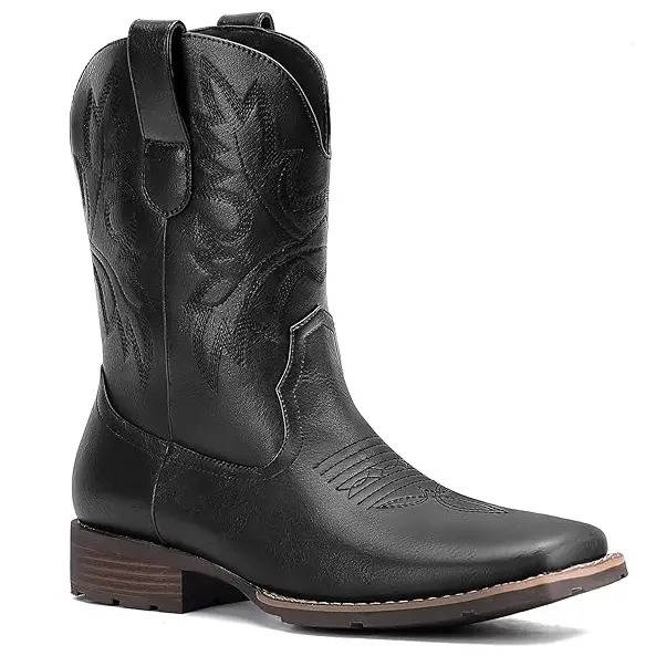 Mens Cowboy Boots, Western Boots with Embroidered Design, Slip Resistant Square Toe Chunky Heel Ankle  Boots
