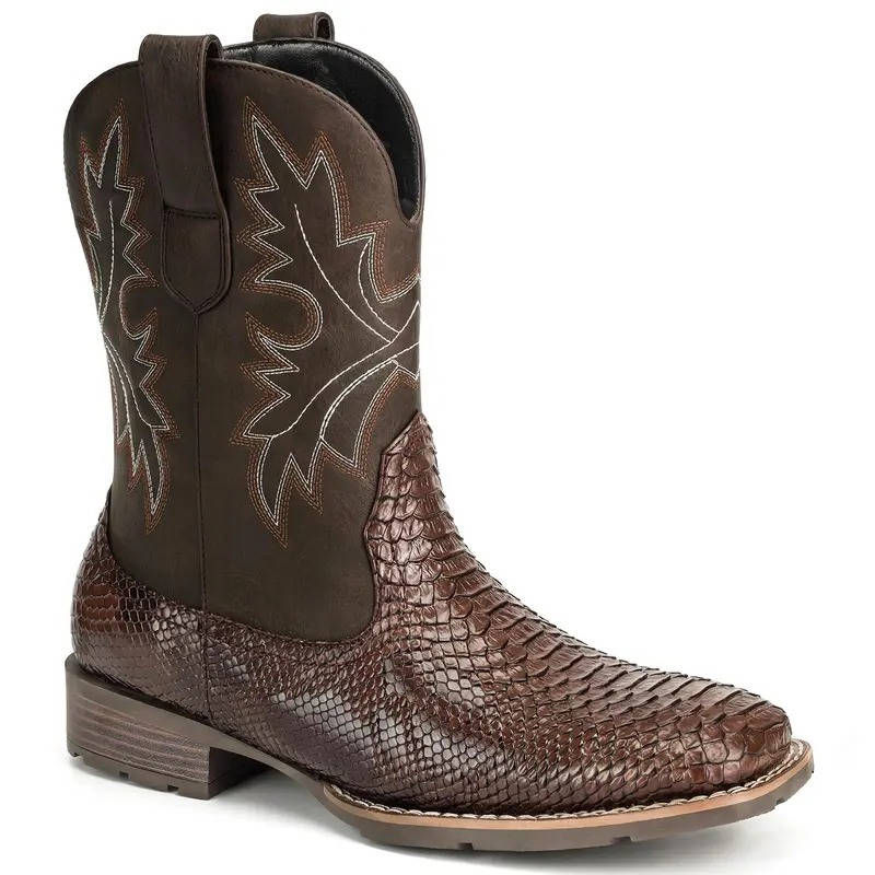 Mens Cowboy Boots, Western Boots with Embroidered Design, Slip Resistant Square Toe Chunky Heel Ankle  Boots