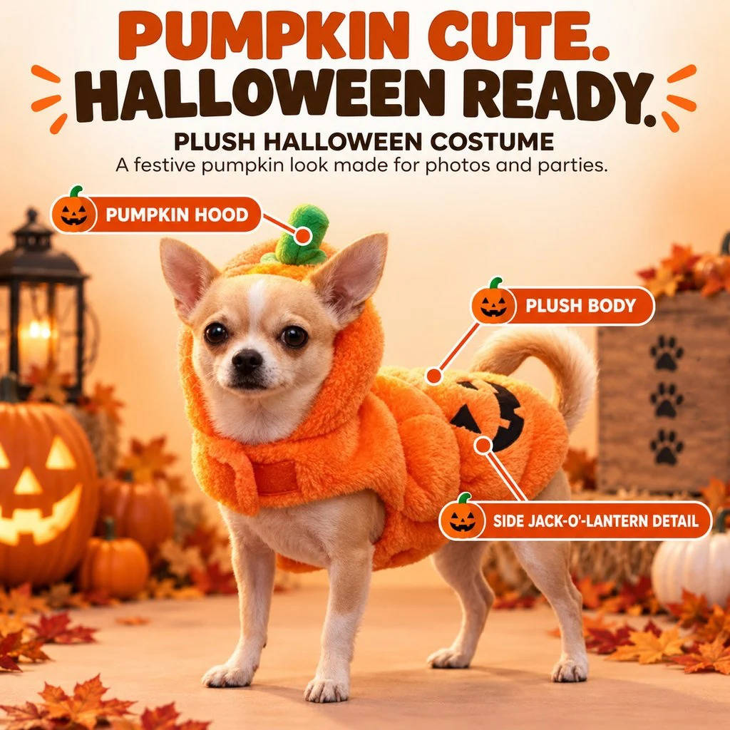 Pumpkin Dog Halloween Costume, 3D Plush Jack O Lantern Outfit with Easy Hook and Loop Fit for Parties and Photos
