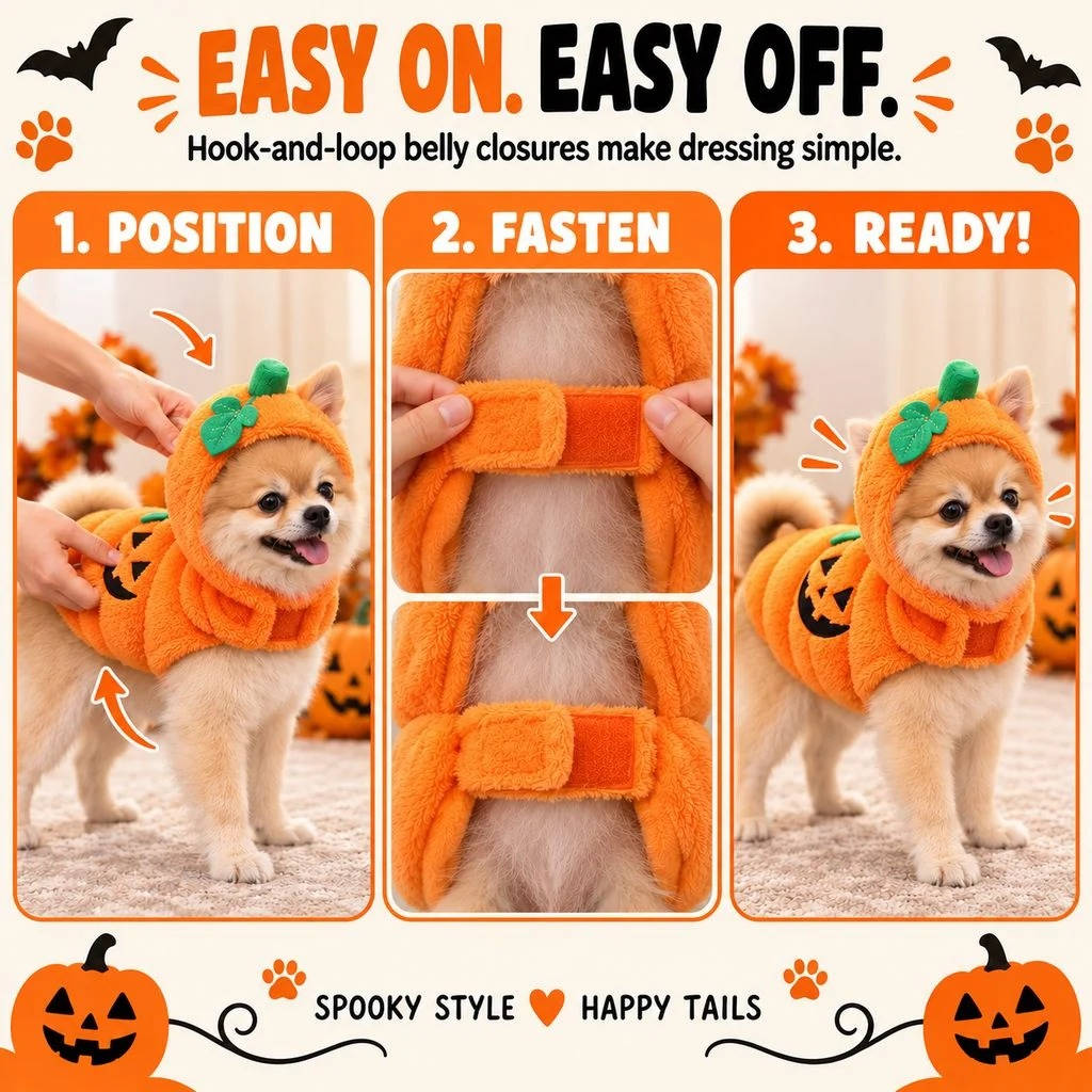 Pumpkin Dog Halloween Costume, 3D Plush Jack O Lantern Outfit with Easy Hook and Loop Fit for Parties and Photos