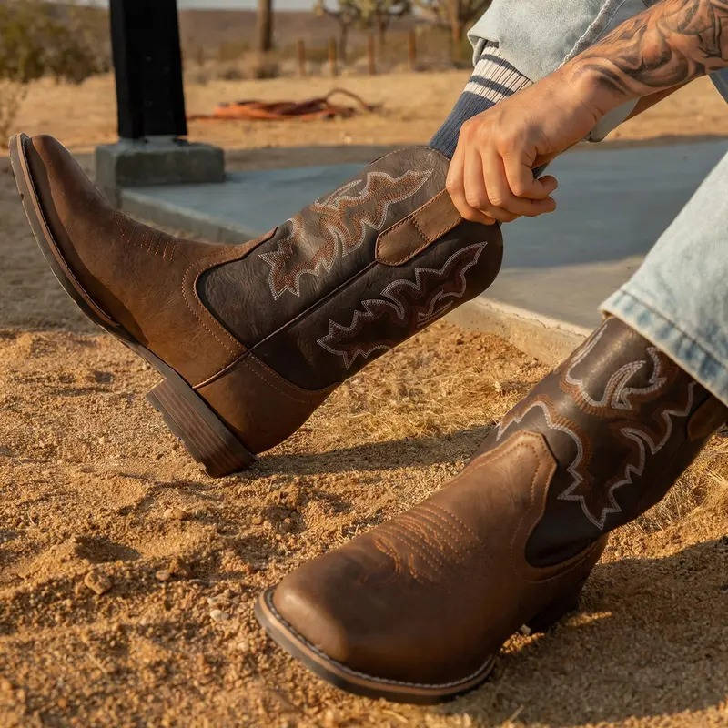Mens Cowboy Boots, Western Boots with Embroidered Design, Slip Resistant Square Toe Chunky Heel Ankle  Boots