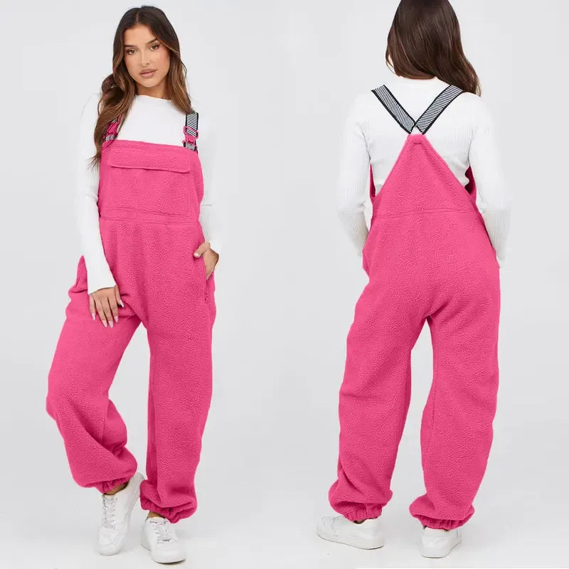Womens Sherpa Overalls, Fleece Bib Pants, Loose Fit Thermal Jumpsuit with Adjustable Straps and Pockets