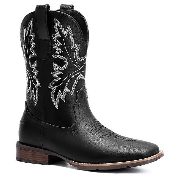 Mens Cowboy Boots, Western Boots with Embroidered Design, Slip Resistant Square Toe Chunky Heel Ankle  Boots