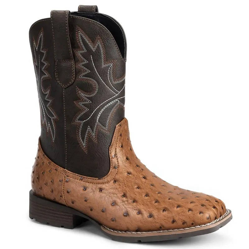 Mens Cowboy Boots, Western Boots with Embroidered Design, Slip Resistant Square Toe Chunky Heel Ankle  Boots