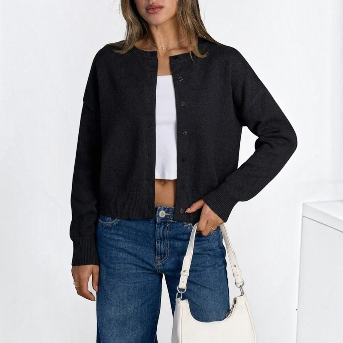 Womens Cropped Button Down Cardigan - Lightweight Knit Sweater