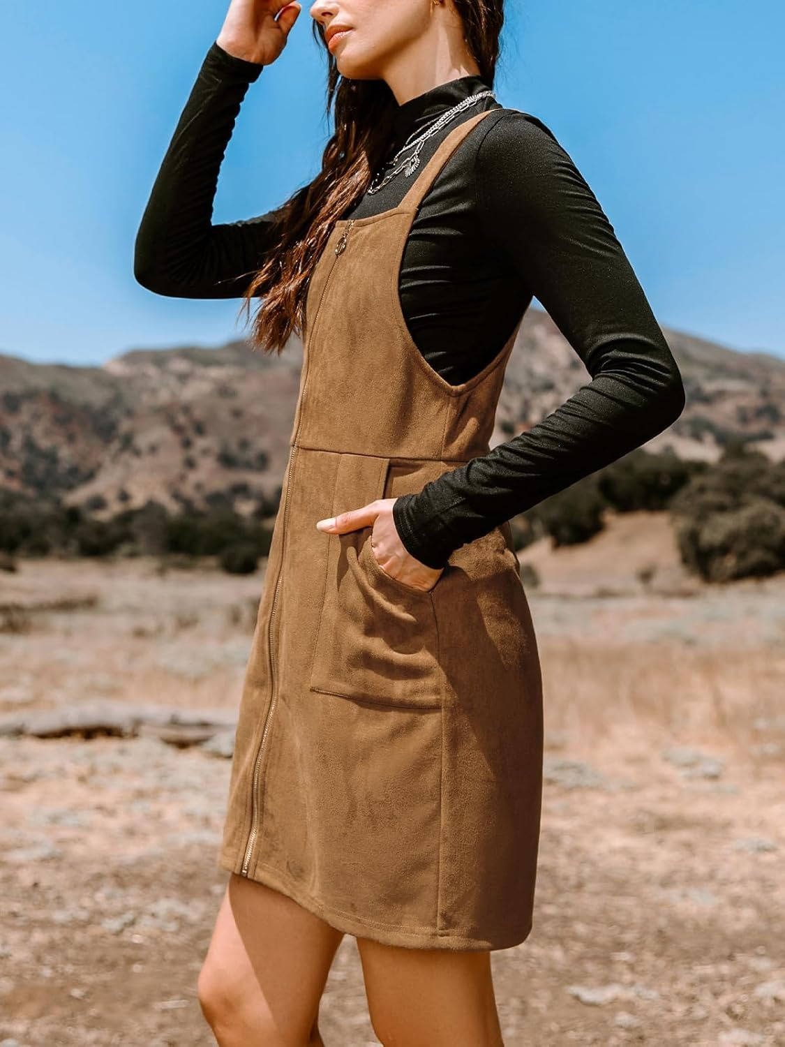 Womens Faux Suede Mini Fall Dress, Square Neck Wide Strap Casual Autumn Dress with Front Pockets