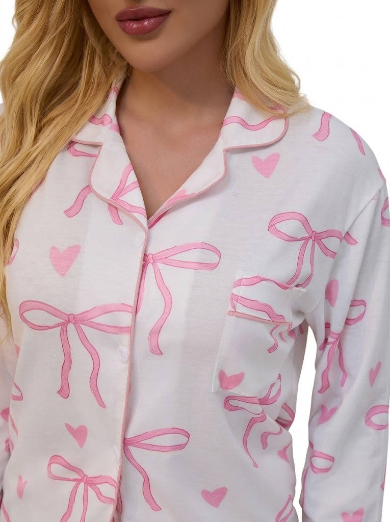 Womens 2 Piece Bow Print Pajama Set, Long Sleeve Fall Winter Sleepwear, Comfortable Loungewear for Casual Home Wear and Relaxing