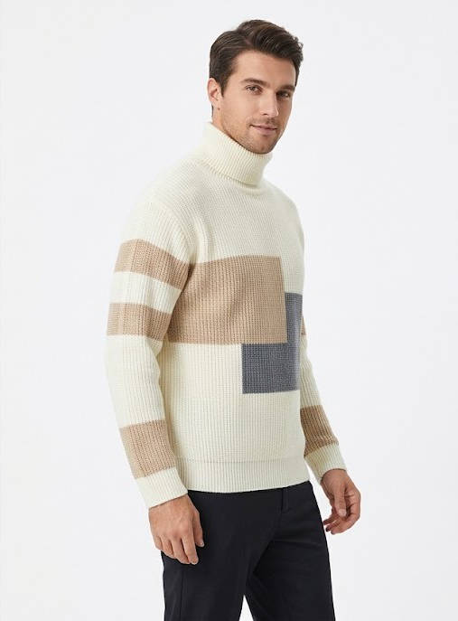 Ribbed Block Turtleneck Knit Sweater