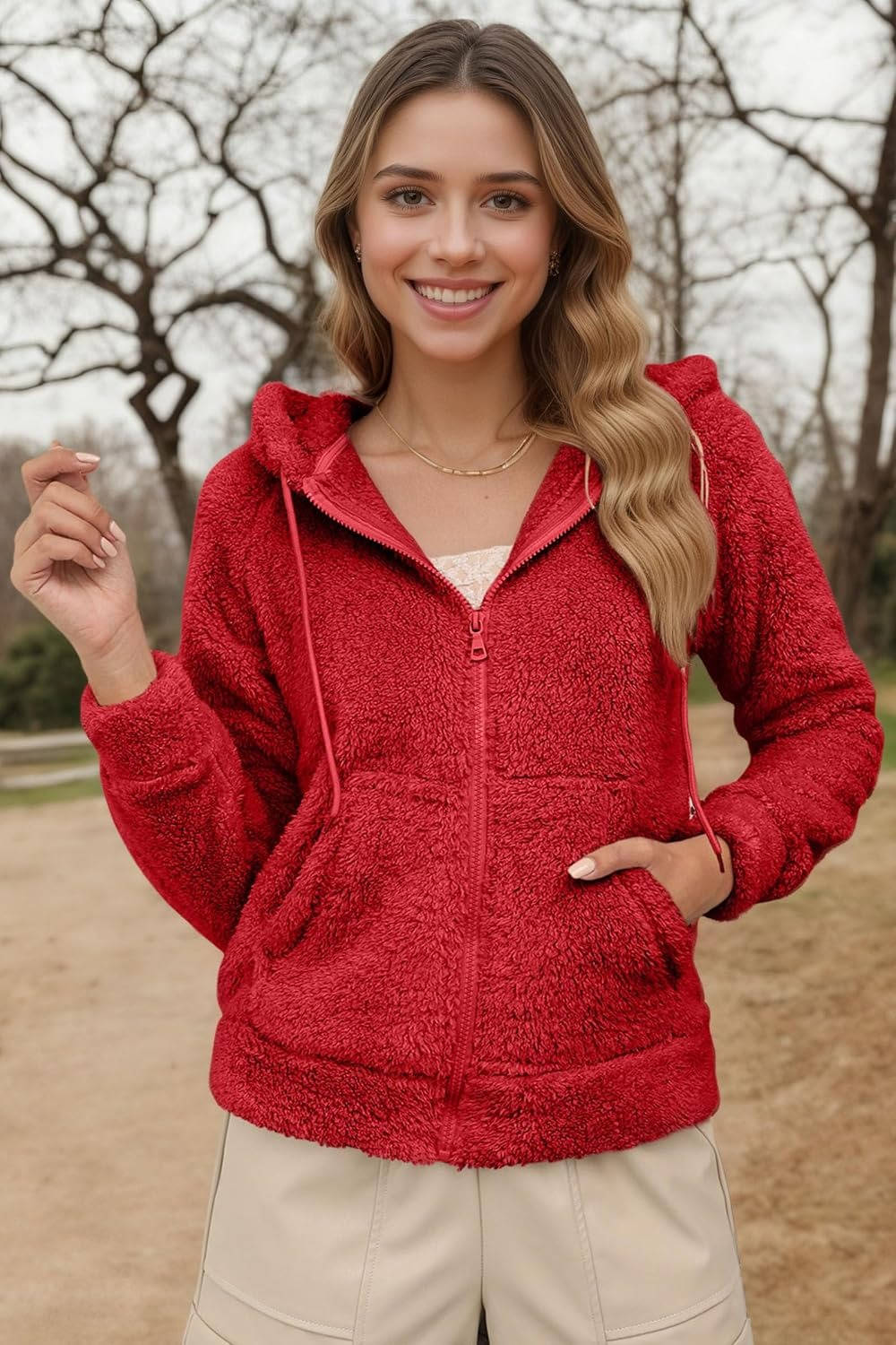 Womens Sherpa Faux Fur Jacket, Hooded Fleece Short Coat, Warm Winter Outerwear